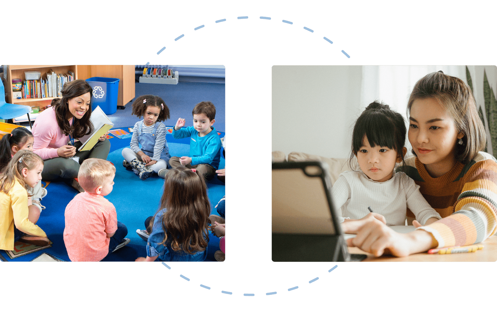 distance learning graphic showing a classroom setting connecting to a home setting