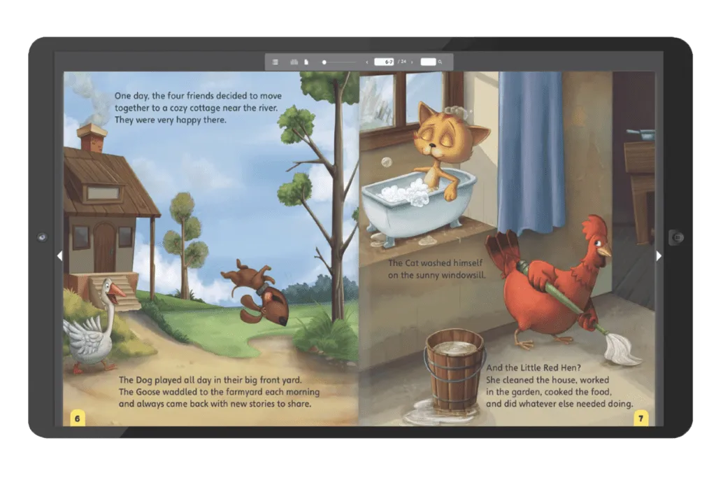 A sample of the Digital Children's Library on a tablet, with pages from the Little Red Hen showing.